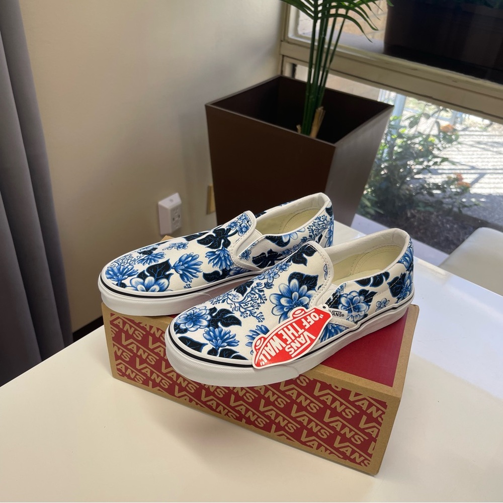 Vans White and Blue Floral Slip-On Shoes